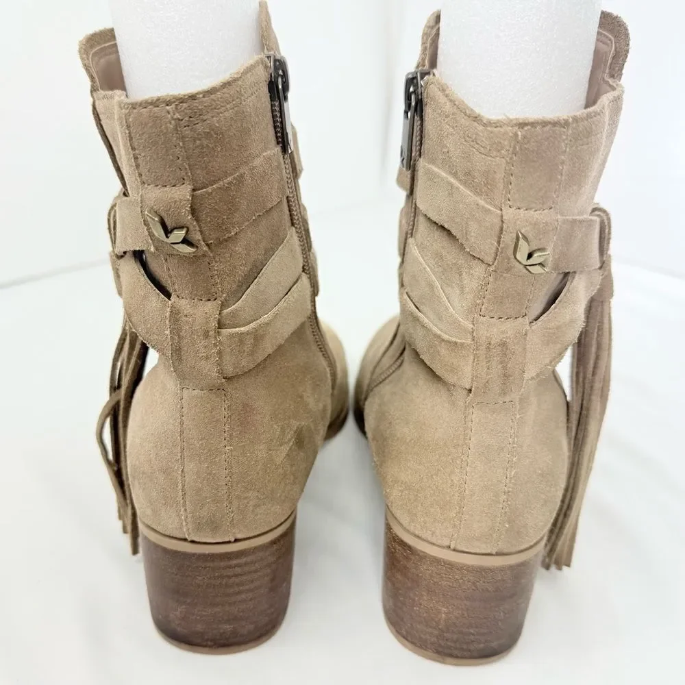 Kookaburra by UGG KENZ Taupe Suede Wrap Tassel Strap Heeled Ankle Boots
